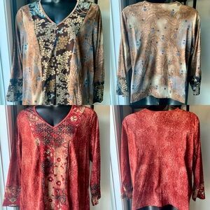Pair of Venezia Tops Red Brown Floral Design Lightweight Semi-Sheer Shirt Blouse